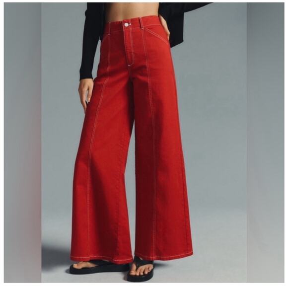 Maeve Seamed High Rise Wide Leg Jeans Red Size 28 Anthropologie - Picture 2 of 11